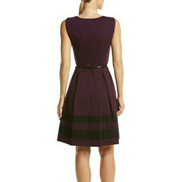 Calvin Klein Belted Pleated Ponte Striped Dress - Picture 2 of 6